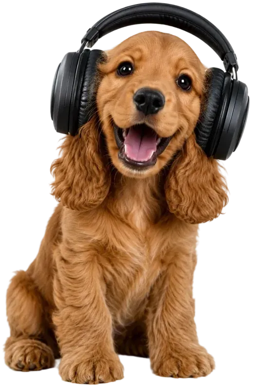 Happy puppy wearing black headphones